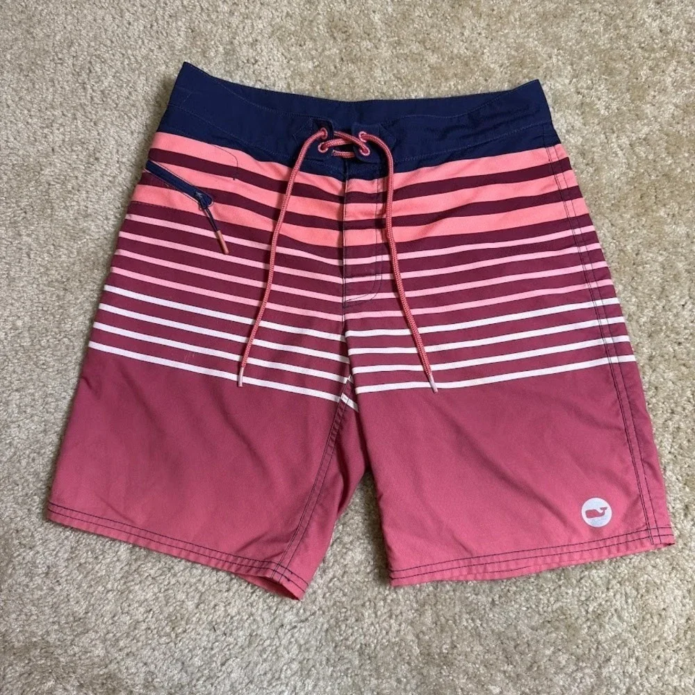 Vineyard Vines Board Shorts Mens 28 Pink‎ Navy Striped Swim Trunks Whale
